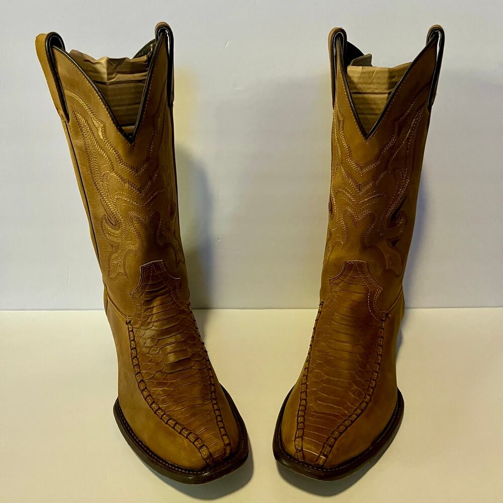 Forastero Bucklaced Tan Leather Western Boots Python Embossed Snip Toe Men’s 10